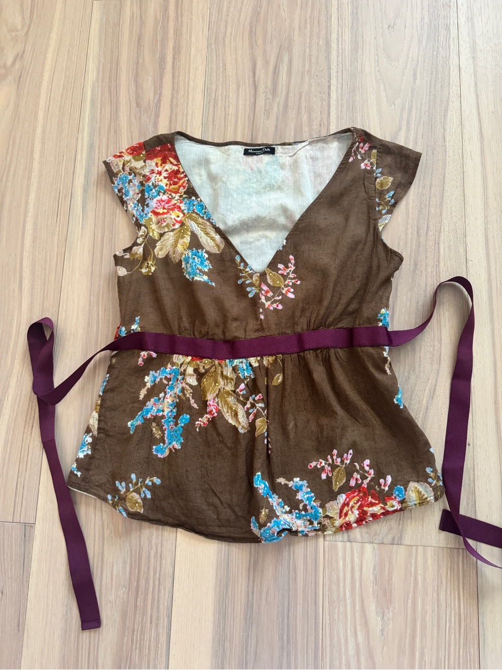 Massimo Dutti Brown Floral Wrap Top with Burgundy Tie